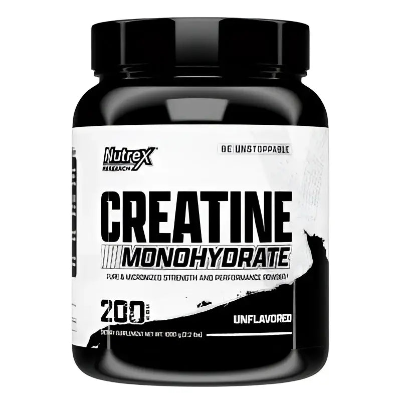Recipiente negro de plástico de nutrex creatina monohidratada 1 kg con etiqueta blanca y negra para desarrollo muscular